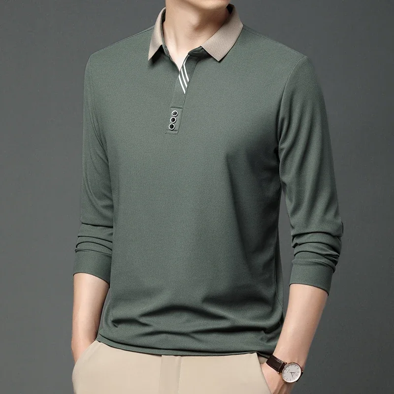 New Men's Business Casual Long Sleeved Shirt Solid Color Polo Shirt Fashionable Breathable Comfortable Versatile Top image 2