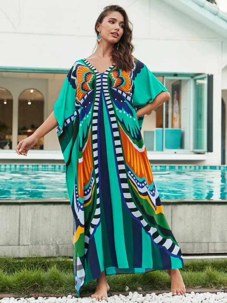 Butterfly Beach Kaftans for Women Colorful Printed Maxi Dresses 2023 Summer Holiday Beachwear Elegant Bathing Suits Dropshipping