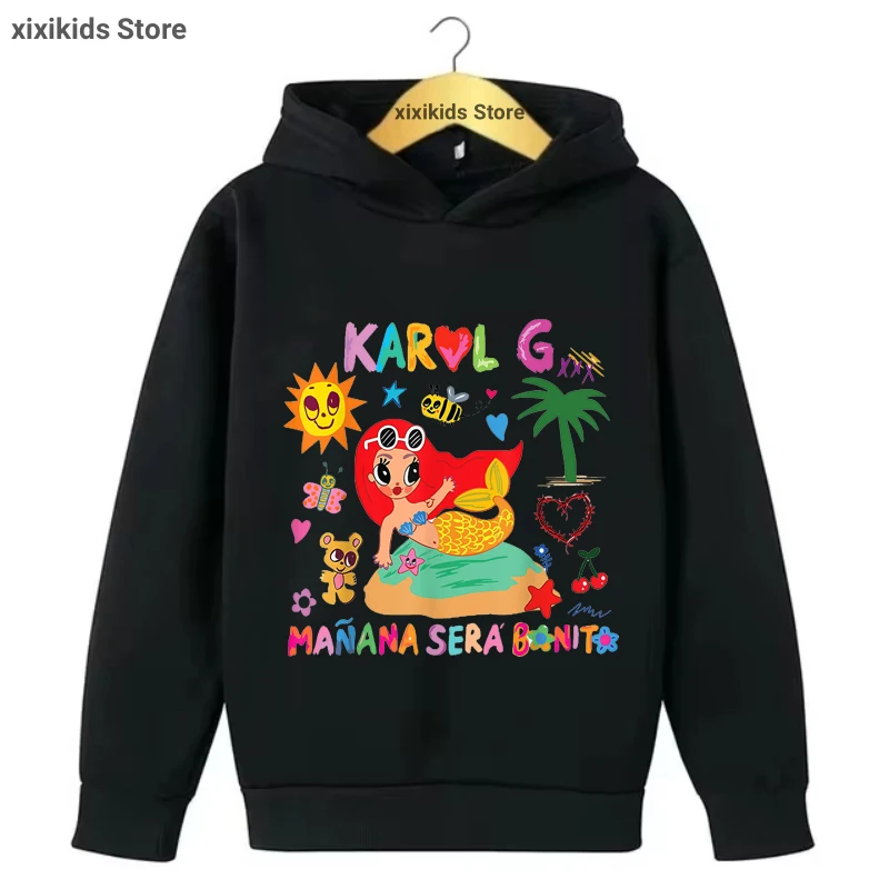 Karol G Manana Sera Graphic Printed Cap Hoodies Girls Funny Kids Clothes Spring/Autumn/ Winter Plus Velvet Sweastshirt Tops