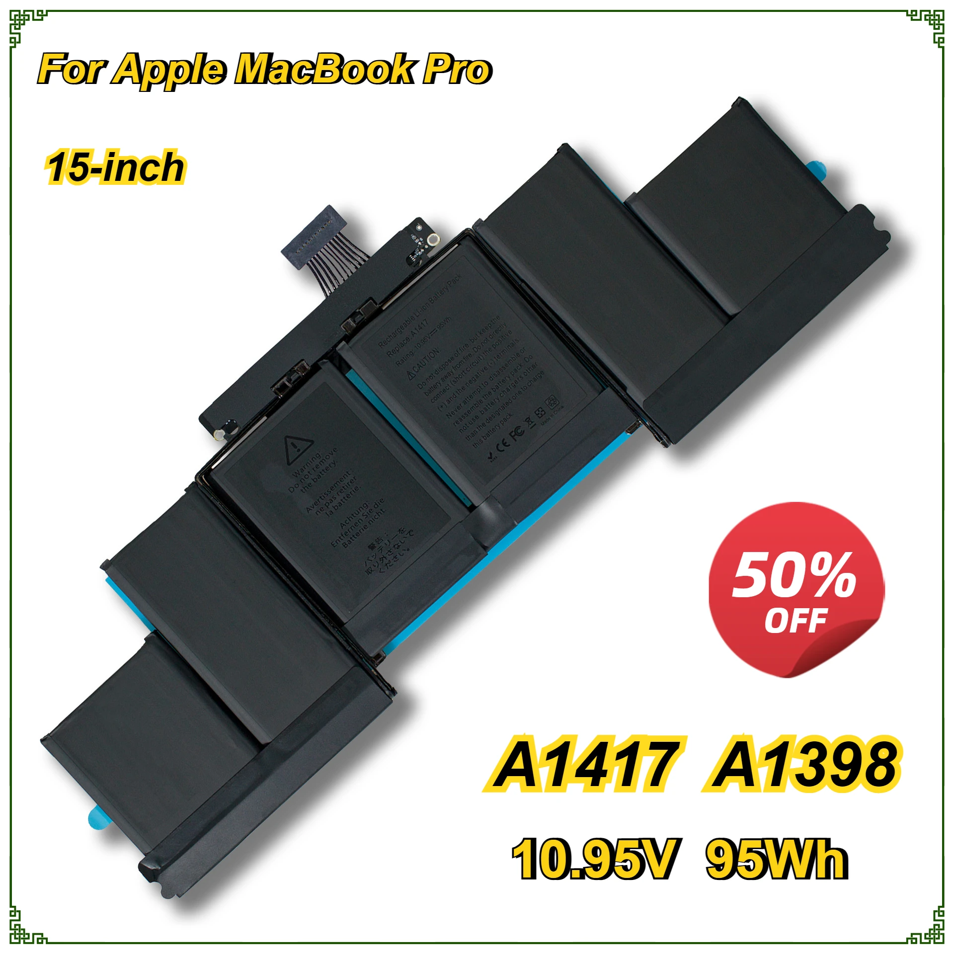 

New Laptop Battery A1417 for Apple MacBook Pro A1398 15" 2012 Early 2013 Retina MD831LL/A 10.95V 95Wh Batterie