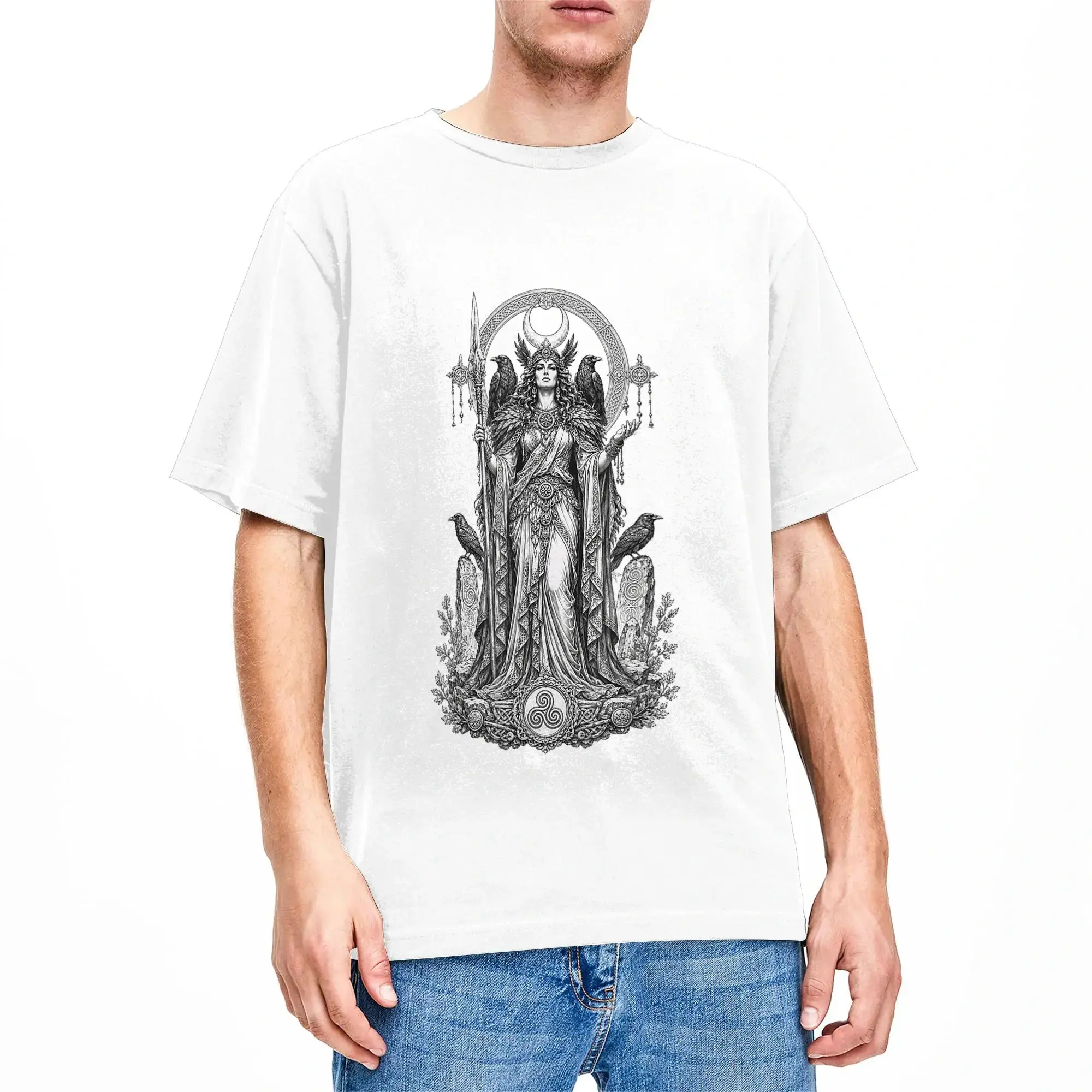 Men Morrigan Celtic Raven Goddess Sacred Warrior Line Art T Shirts  Cotton Tops Summer Vintage Short Sleeve T-Shirt O Neck Tee