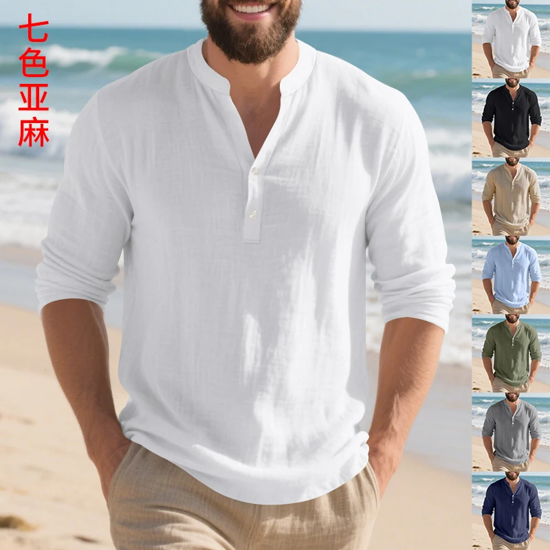 Linen Stand Collar Henley Long Sleeve Tee, Men Button V-Neck Loose Breathable Casual Shirts Wholesale