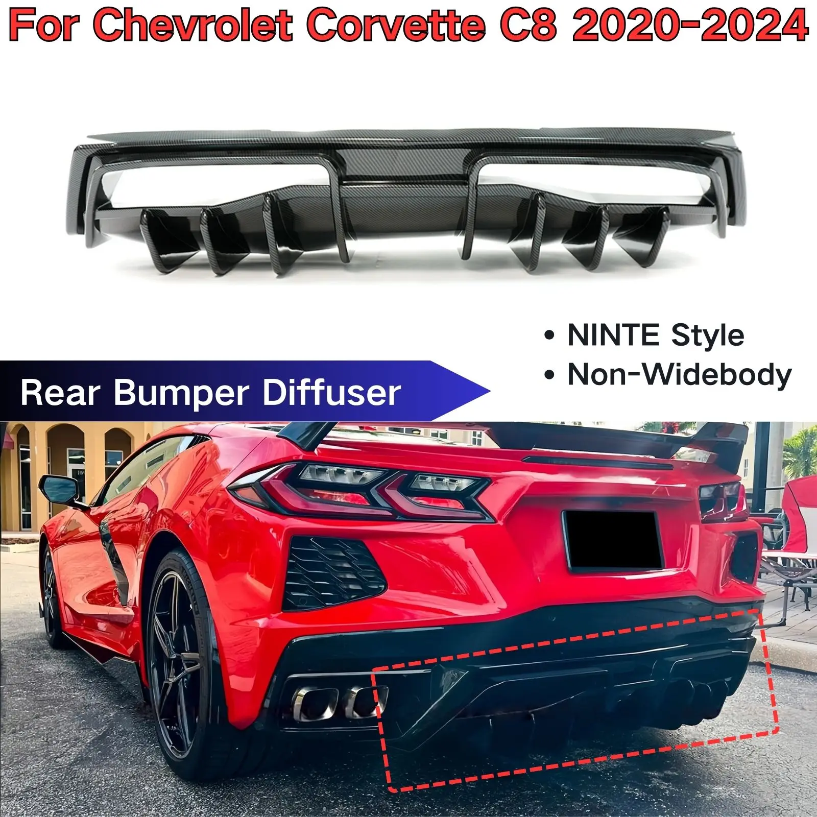 For Chevrolet Corvette C8 2020-2024 NINTE Style Rear Bumper Diffuser Non-Widebody Carbon Fiber Print Car Accessories Body Kit