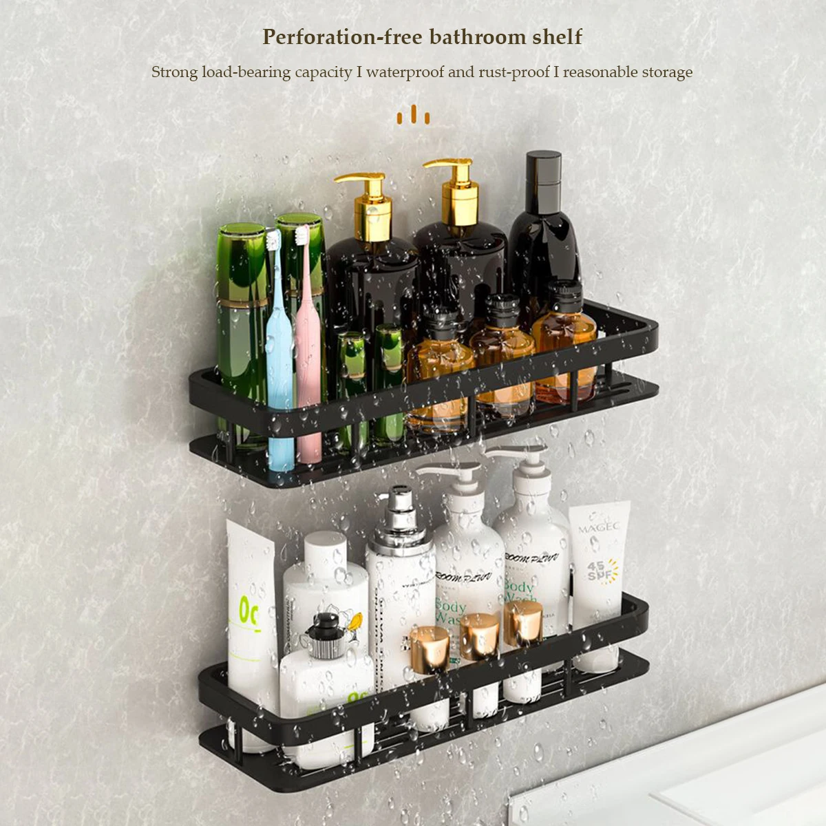 

Bathroom Shelf Suction Cup Toilet Washroom Sink Wall Mounted Storage Black Single Hollow Without Bar Or Hooks