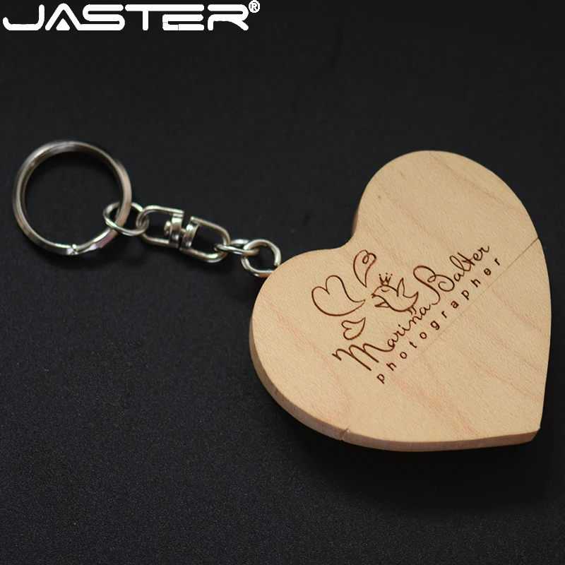 JASTER Wood Heart USB 2.0 Flash Drives 128GB Free Custom Logo Memory Stick64GB with Wooden Box Pen Drive 32GB with Free Key Ring