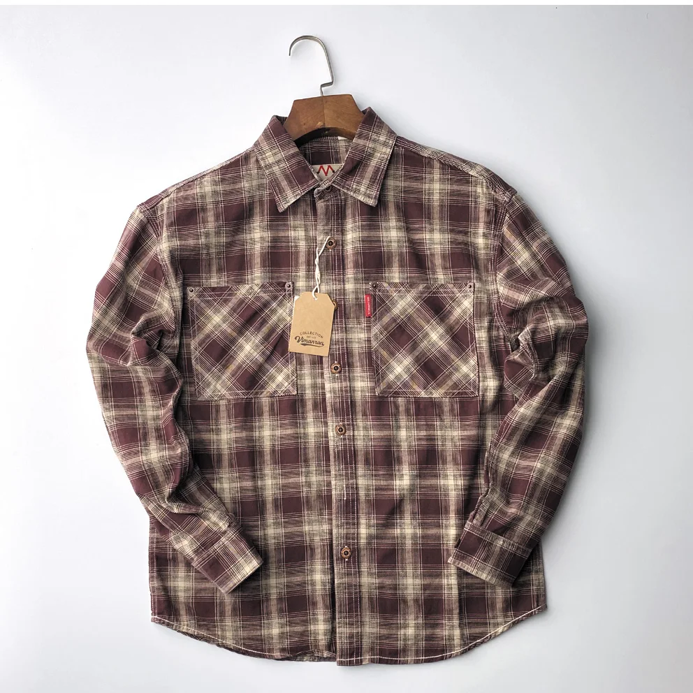 2026 Spring New Japanese Retro Long-Sleeve Lapel Plaid Cargo Shirt Men's Simple 100% Cotton Washed Double Pocket Casual Blouses