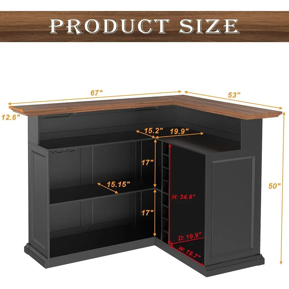 Large Corner Home Bar Cabinet, Spacious Basement Bar Table, 67 x 53 Wine Storage Cabinet for Man Cave