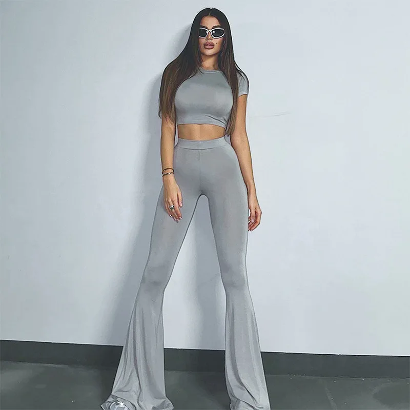 

Gray Casual 2 Piece Set for Women High Waist Skinny Flare Pants+Harajuku Crop Tops Y2k Matching Outfits Sportwear Suits