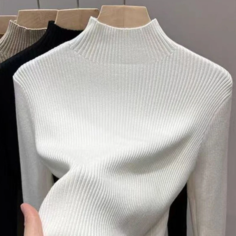 Women Versatile Half High Collar Long Sleeved Sweater Autumn Winter Slim Appear Thin Simplicity Solid Knitted Bottoming Shirt