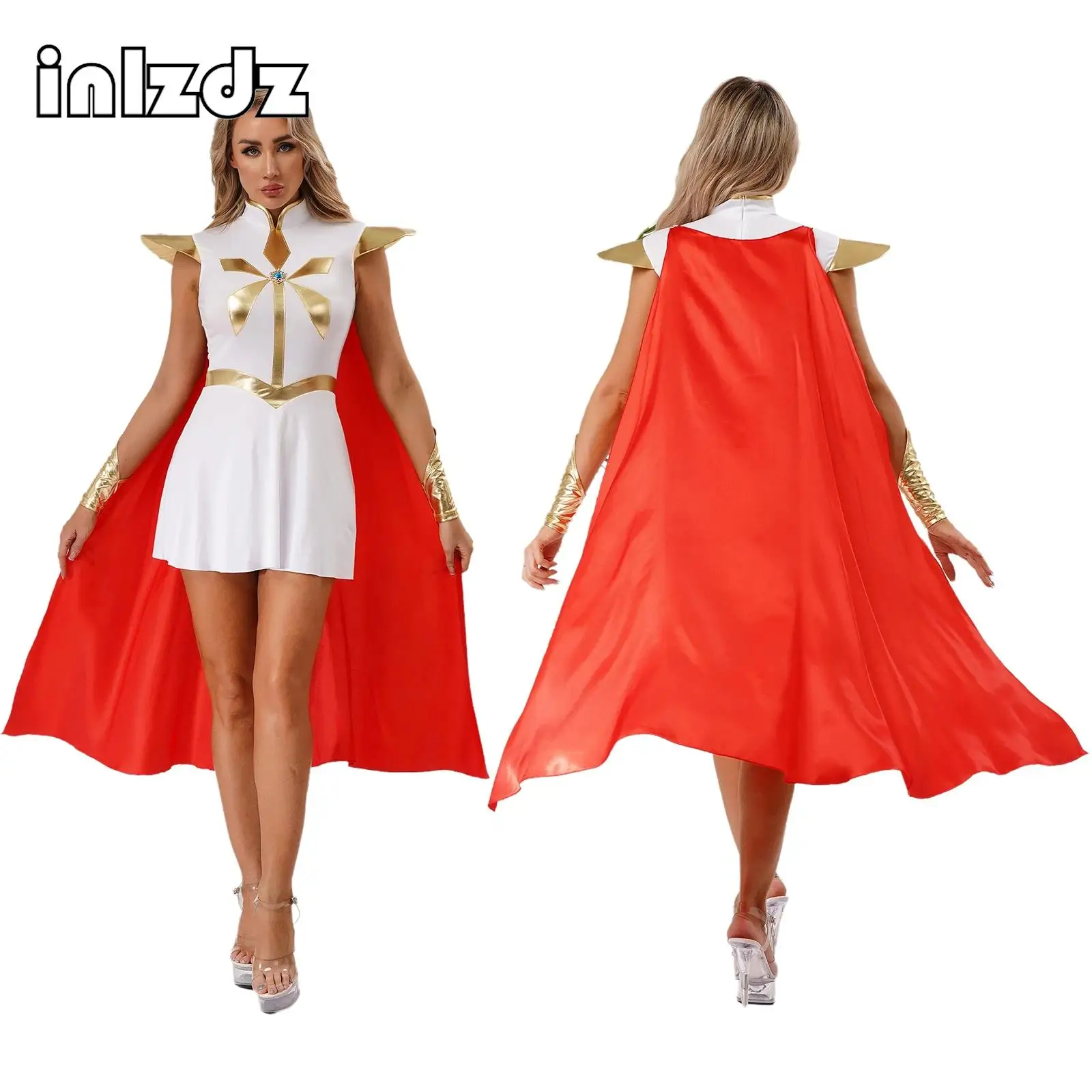 

Womens Princess Queen Cosplay Costume Metal Gloss Short Sleeve Chest Rhinestone Dress with Accessories Set for Halloween Party