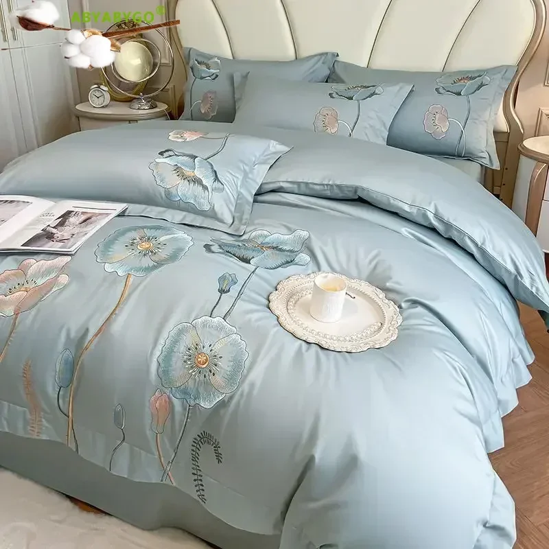 Bedding Set Luxury Egyptian Long Staple Cotton Lotus Embroidery Duvet Cover 100% Cotton Bed Sheets and Pillowcases Queen King