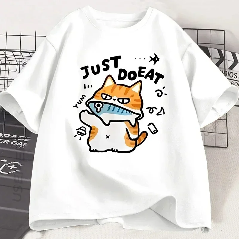 Camiseta divertida con diseño de gato Eat Fish para mujer, camisetas de verano con cuello redondo, ropa de calle para mujer, camiseta de manga corta