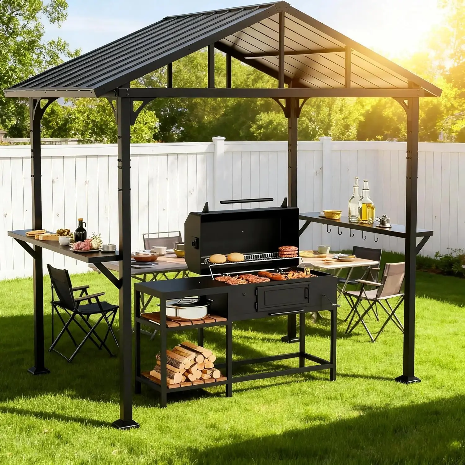 8x5ft Hardtop Grill Gazebo BBQ Canopy Shelter with 2 Side Shelves 5 Side Hooks for Outdoor Patio Backyard