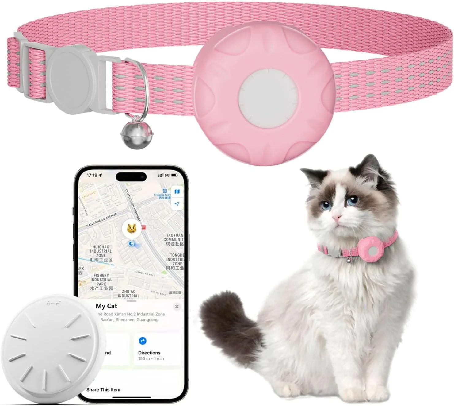 

Pink Cat chain tracker pet cat real-time positioning GPS anti loss device safety elastic buckle waterproof tracker (IOS only)