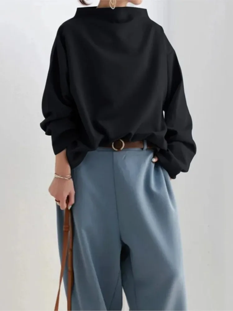 เสื้อสตรีทรงหลวม คอเต่าครึ่งตัว สีดำ แขนยาว สไตล์สตรีทแฟชั่น สำหรับผู้หญิง ฤดูใบไม้ผลิ/ฤดูใบไม้ร่วง