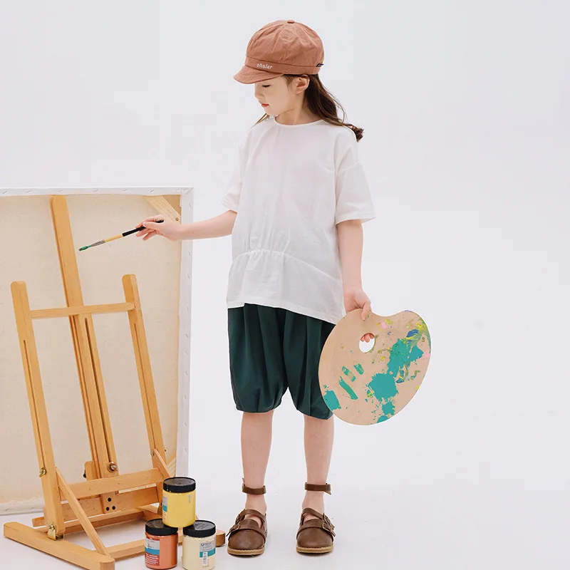 子供用のレトロなリネンとコットンのTシャツとショーツのセット,10代の女の子用の服,カジュアル,無地,4〜12歳,2ユニット