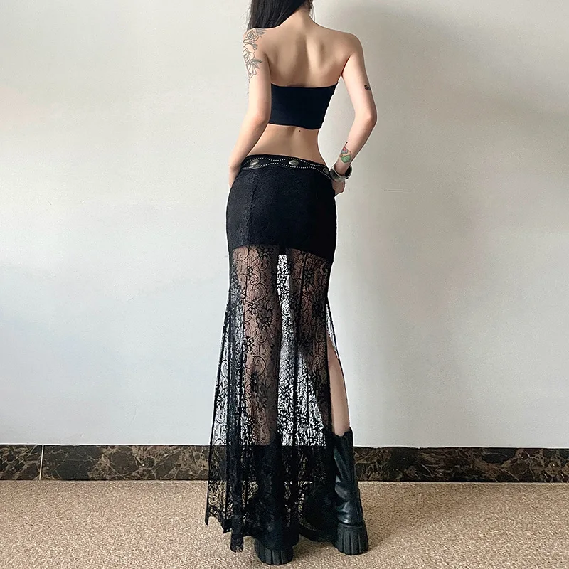 Goth Dark Lace Patchwork Long Skirt Mall Gothic Coquette High Waist Bodycon Skirts Sexy Sheer Hem Split Bottoms Elegant Techwear