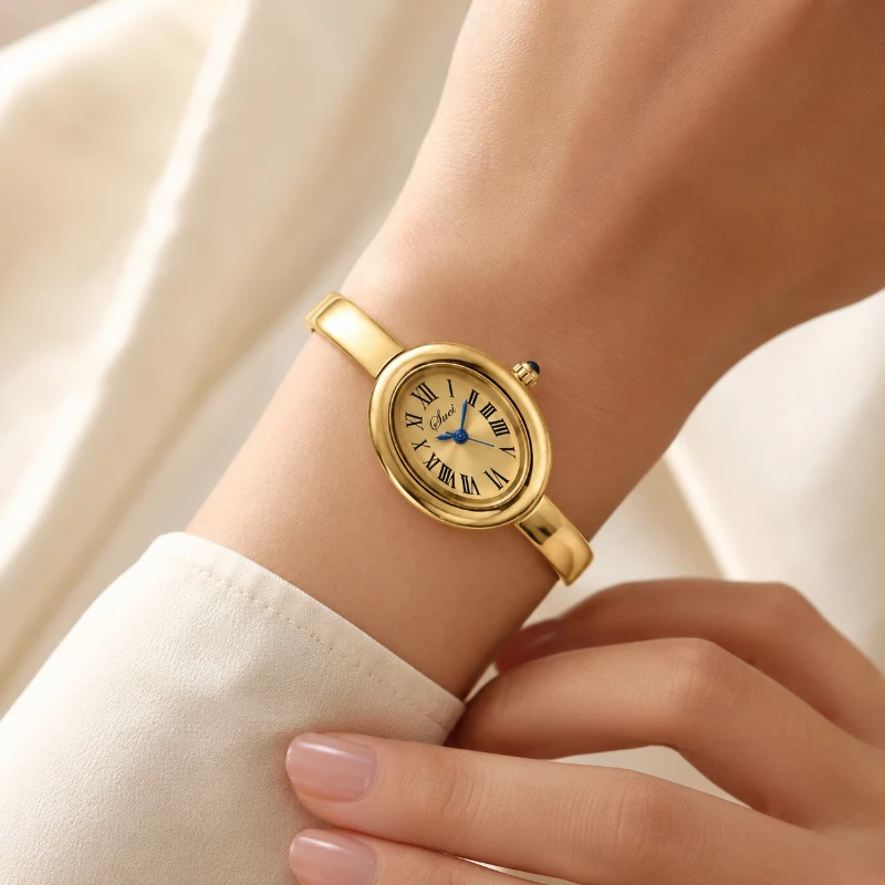 Luxury Gold Oval Bangle Watches for Women Vintage Roman Numeral Dial Quartz Wristwatch Elegant Ladies Dress Bracelet Watch Gift