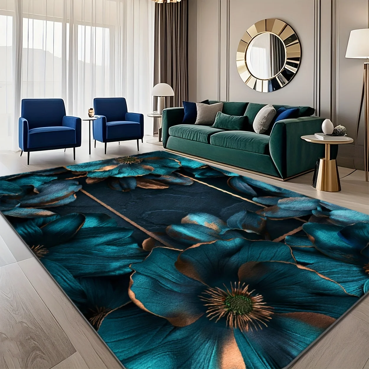 Luxury Turquoise & Golden Teal Mat - Navy Blue Turquoise Dark Green Large Floral Persian-Inspired Mat, Soft Plush /Outdoor Mat