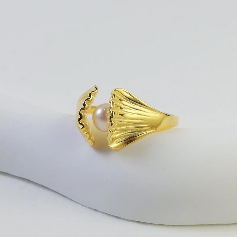 Miracle Sterling Silver 925 Original Design Huai Zhu Pearl Shell Element Simple Versatile French Style Women's Open Ring