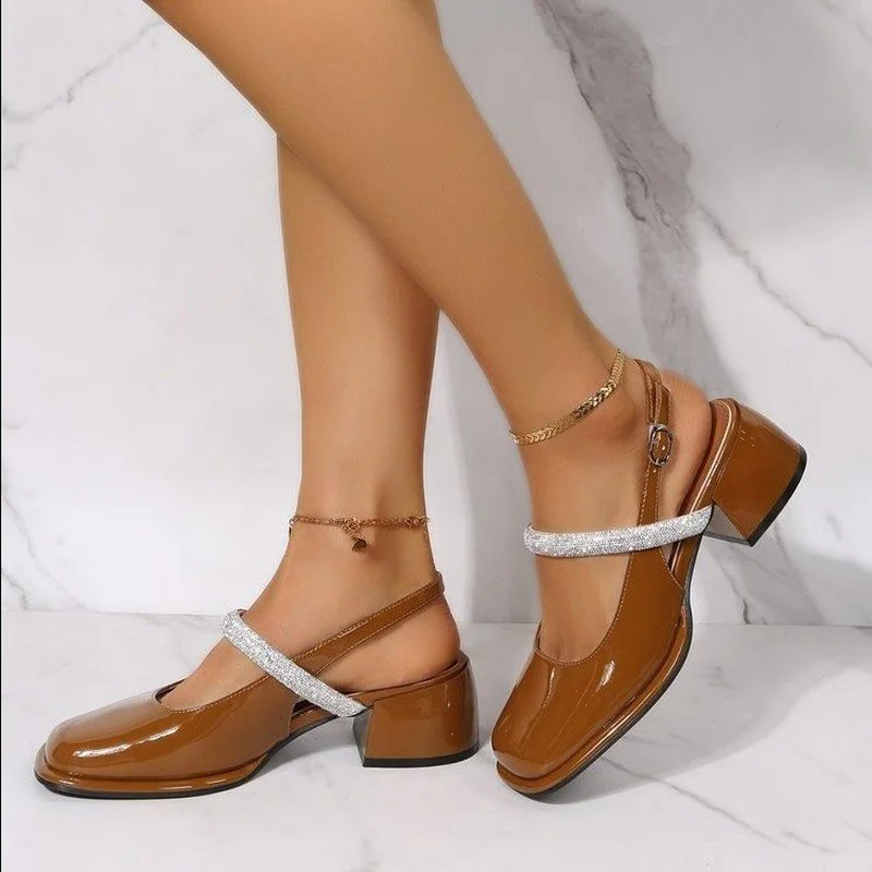 Women Sandals Thick Heel Square Toe Classic Female Mary Jane Shoes 2023 New Design Elegant Shallow Single Shoes Patent Leather