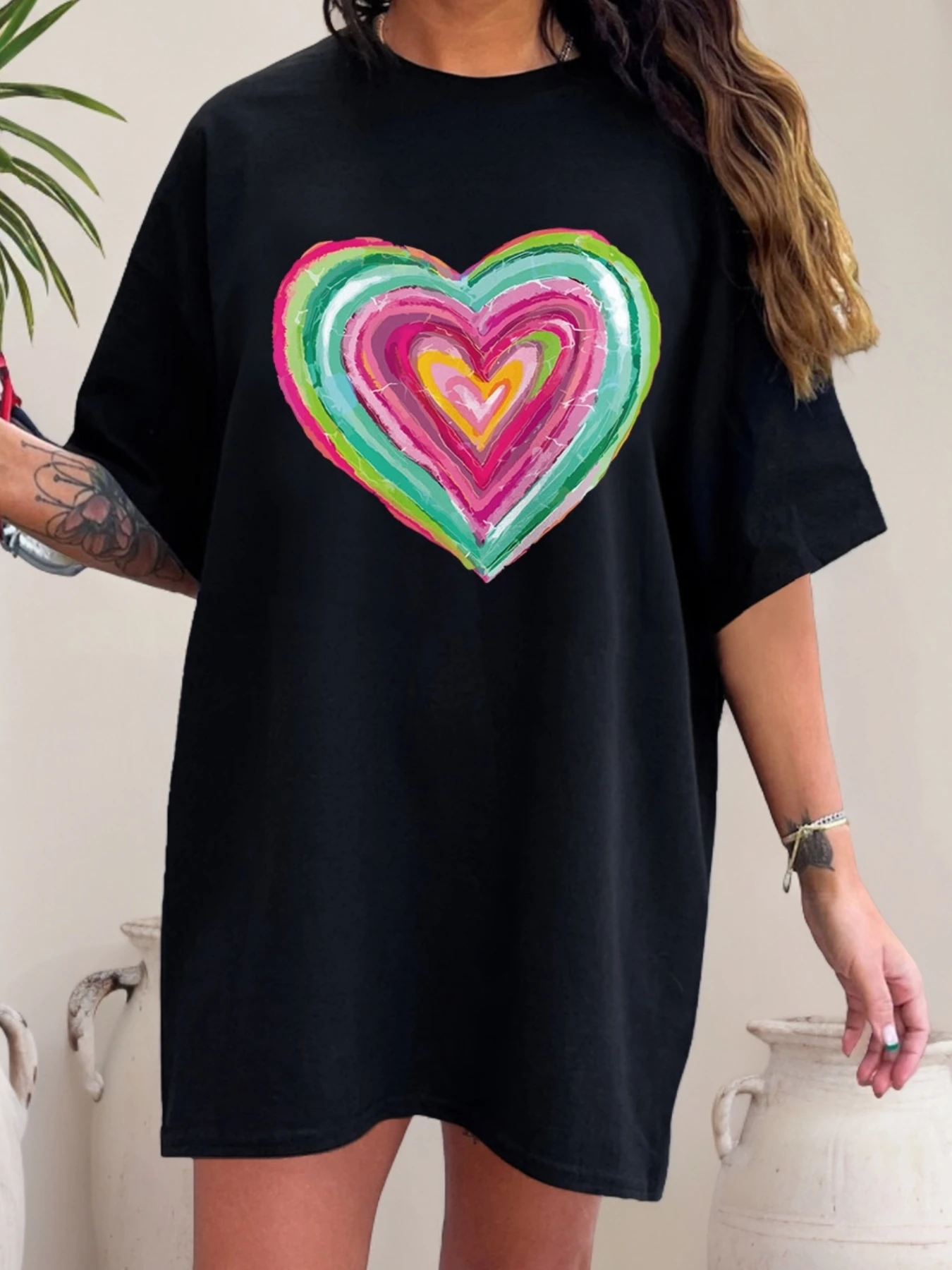 

Plus Size Women's Black Graphic Tee Crew Neck Short Sleeve Casual T-shirt with Everyday Outfit for Summer Breathable Tops