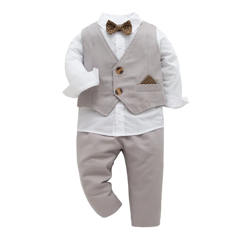 Spring Autumn Baby Boys Gentle Formal Outfit Long Sleeve Shirt Trousers Bowtie Toddler Handsome Suit Wedding Party Daily Costume