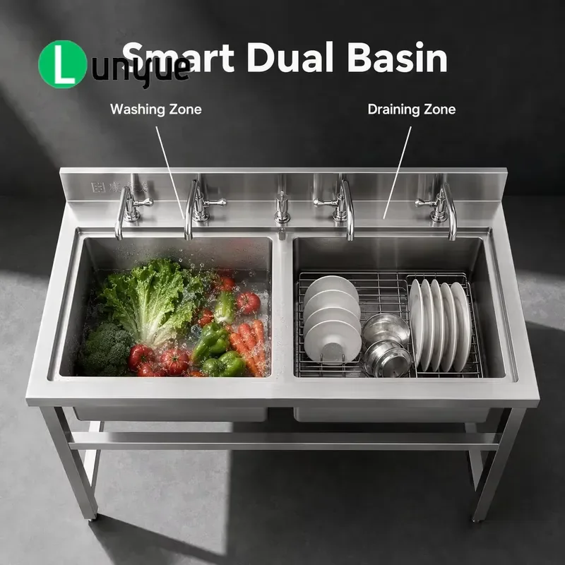 Commercial 304 Stainless Steel Three Tank Sink 1800mm 1.2mm Thick Independent Outriggers for Kitchen Restaurant Wholesale