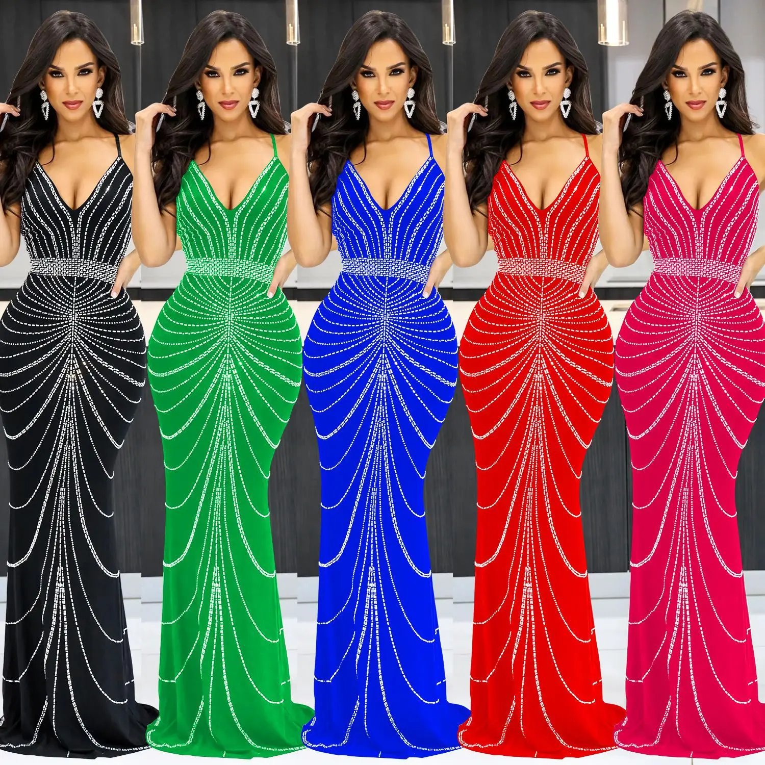 

Fashion women's clothing solid color suspender sleeveless hot diamond backless dress dress temperament elegant and high-end new