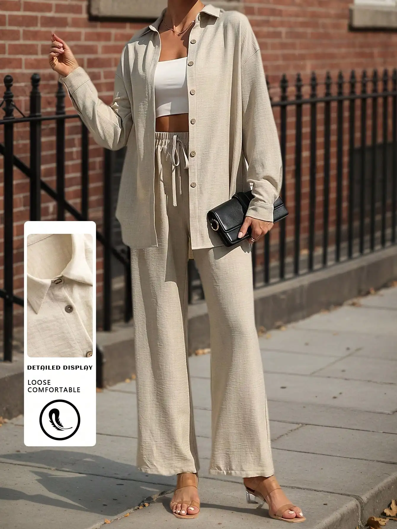 

Женский комплект: свободная рубашка и брюки с широкими штанинами – стильный повседневный наряд для весны и осени, повседневный кардиган с длинными рукавами