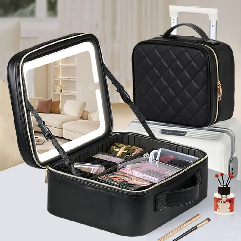 Large Size LED-Lit Makeup Mirror Travel Makeup Bag with Mirror Zoned Beauty Manicure Makeup Case 3 Light Color Modes