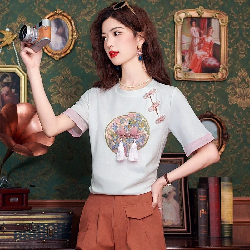 Cotton Chinese Style Women's T-shirt Summer Embroidery Tees Short Sleeve Loose Women Tops O-neck Vintage Clothing 2024 Korean