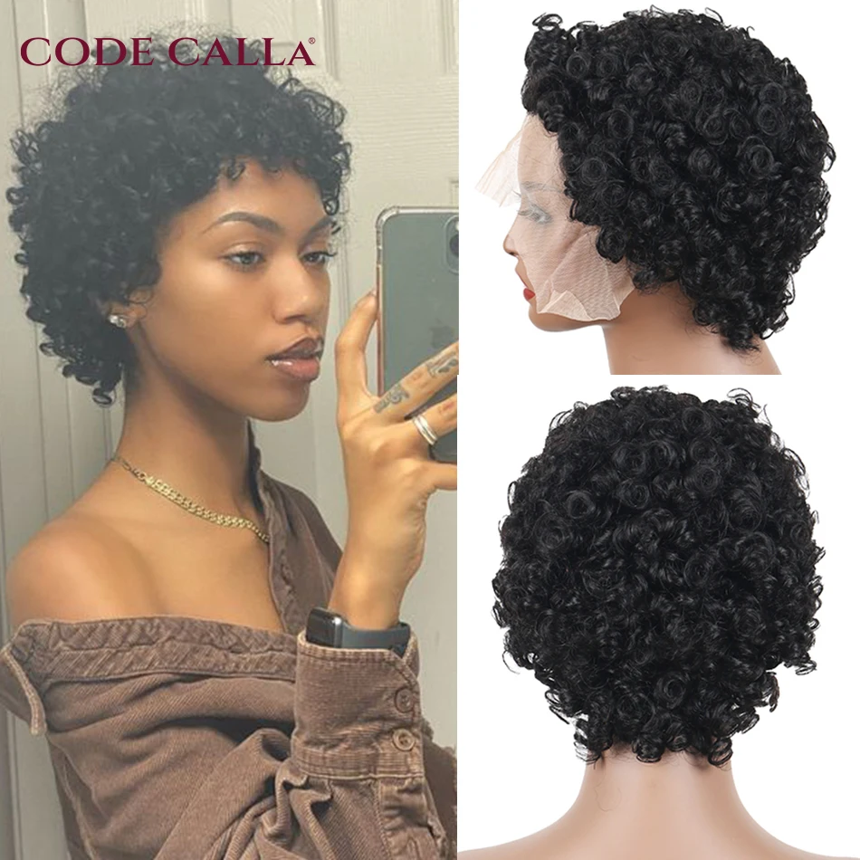 Codecalla Pixie Cut Bob Wig Indian Short Bouncy Curly Hair Wigs Pre-plucked Pixie Cut Curly Wig 13x1 Transparent Lace Front Wigs