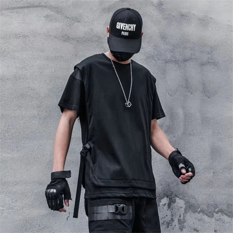 Hip Hop Casual T-Shirt Men 2025 Summer Fake Two Pieces Ribbon Design Streetwear Cotton Tops Tees Techwear Vintage Black Tshirts