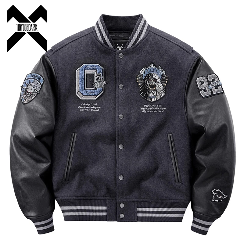 2025 Winter Thick Bomber Jacket Parka Men's Embroidered Woolen Baseball Jacket Warm Padded Coats Outwears PU Patchwork