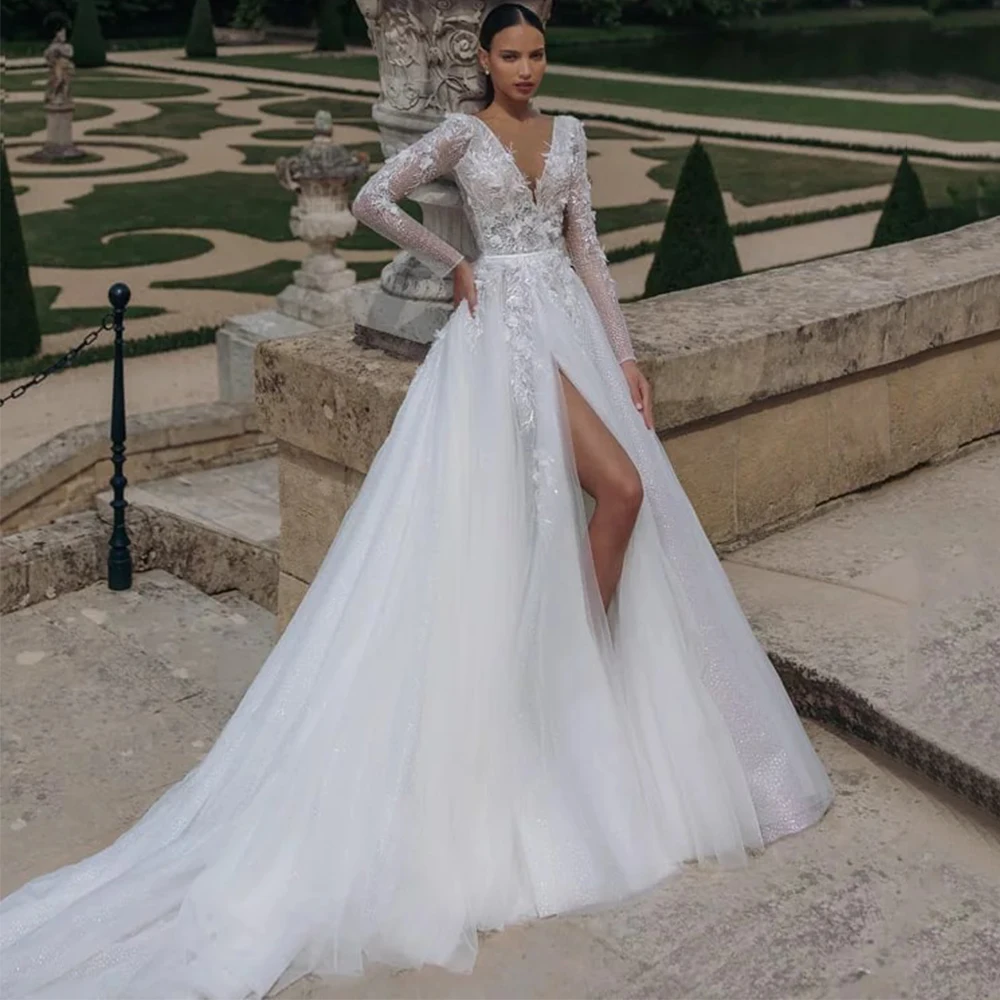 

Exquisite 3D Applique Tulle Wedding Dress Deep V-Neck Long Sleeve with Belt A-Line High Side Slit Bridal Sweep Train Gowns