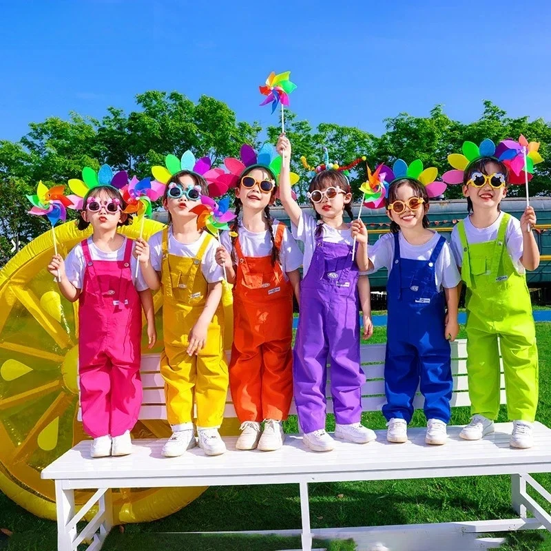 Boys Hip Hop Loose Colorful Overalls Girls Patchwork Dungaree Children Candy Color Jumpsuit Street Dance Romper Kids Streetwear