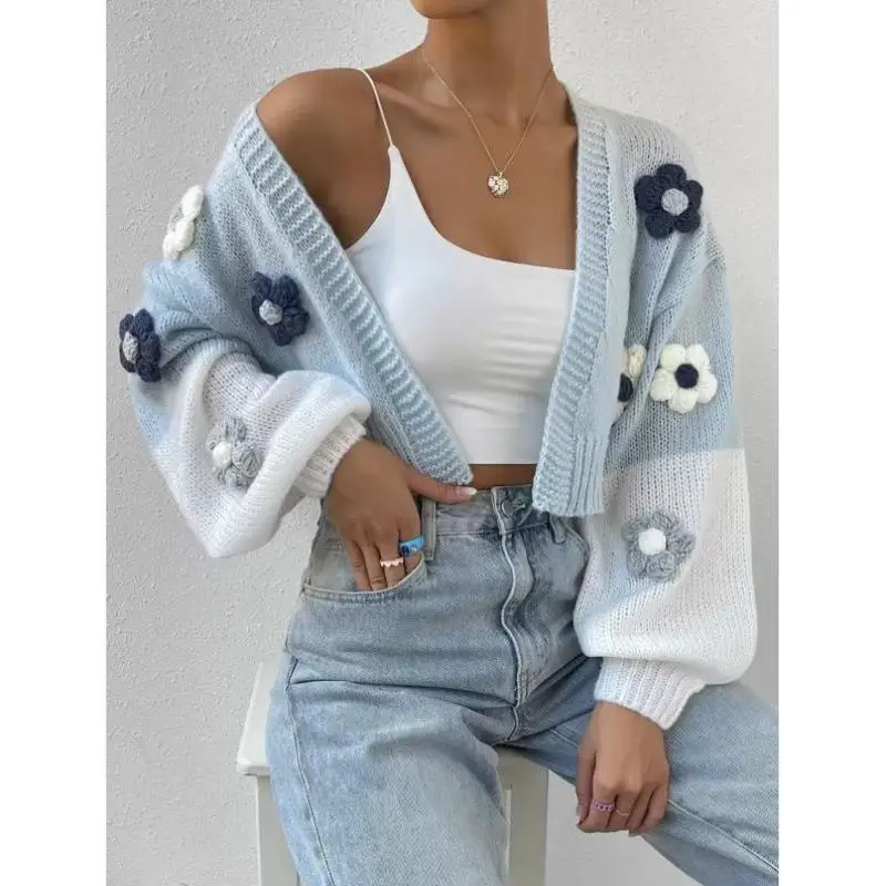 

Floral Contrast Color Long Cover up Cardigan oulder Drop Sle Cross Border New Arrival Women's Knitted Sweater Ci Walk
