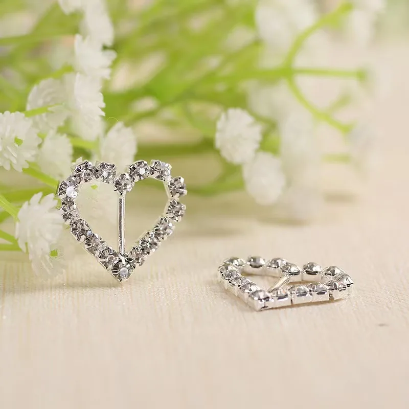 10pcs Heart Crystal Diamante Ribbon Slider Rhinestone Buckles 10mm