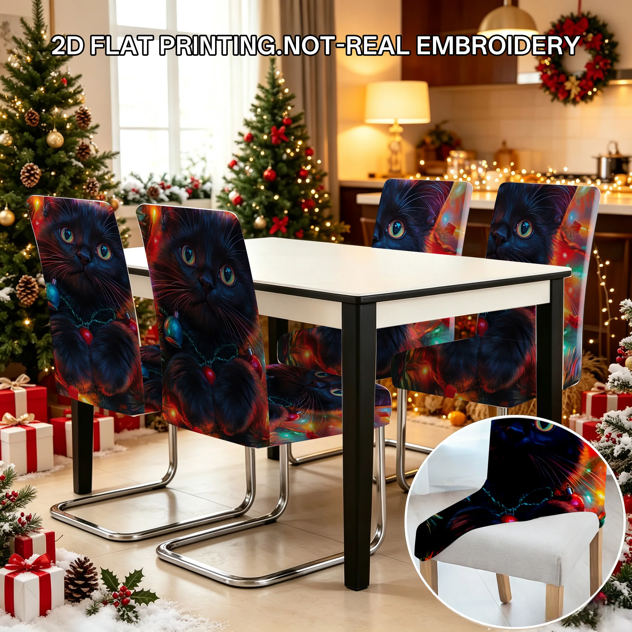 2/4/6 PCS Christmas tree cat colored ball lights dining chair covers 2D flat printed Christmas restaurant holiday decoration