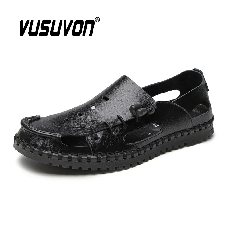 Men's Summer New Casual Sandals Genuine Cow Leather Adult Thick-Soled Beach Shoes Non-slip Keep Toe Black Flats