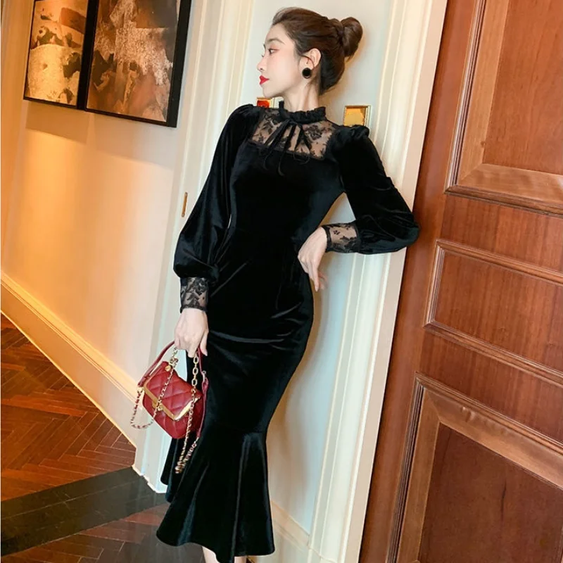 

Office Ladies Korean Elegant One Piece Dress Black Velvet Dress Women Party 2023 Autumn Long Sleeve Lace Vintage Midi Dress Slim