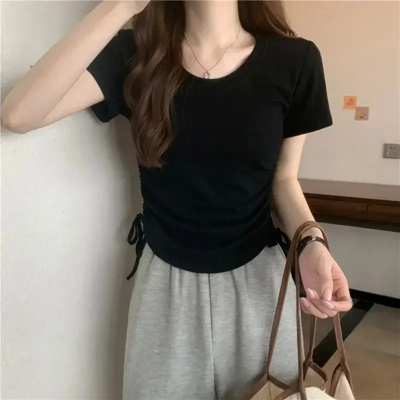 

Women Summer Chic Drawstring Short-sleeve +Wide Leg Jeans Two Piece Suit Korean Elegant Short Top Denim Pants Matching Set E4975