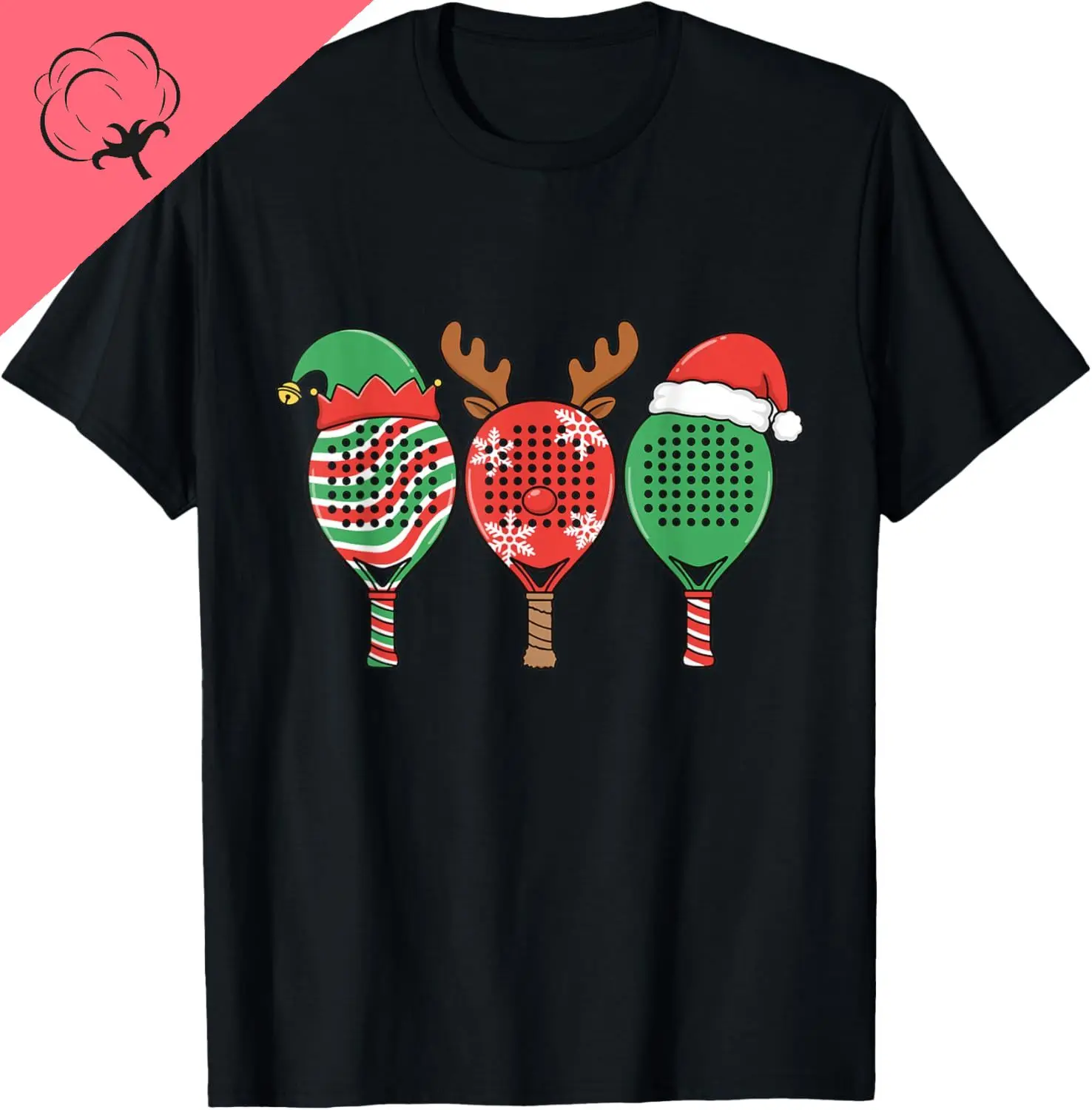 Cute Padel Racket Christmas Trio Elf Reindeer Santa Padel T-Shirt Men and Women Short Sleeves Cotton Tee Funny Shirt