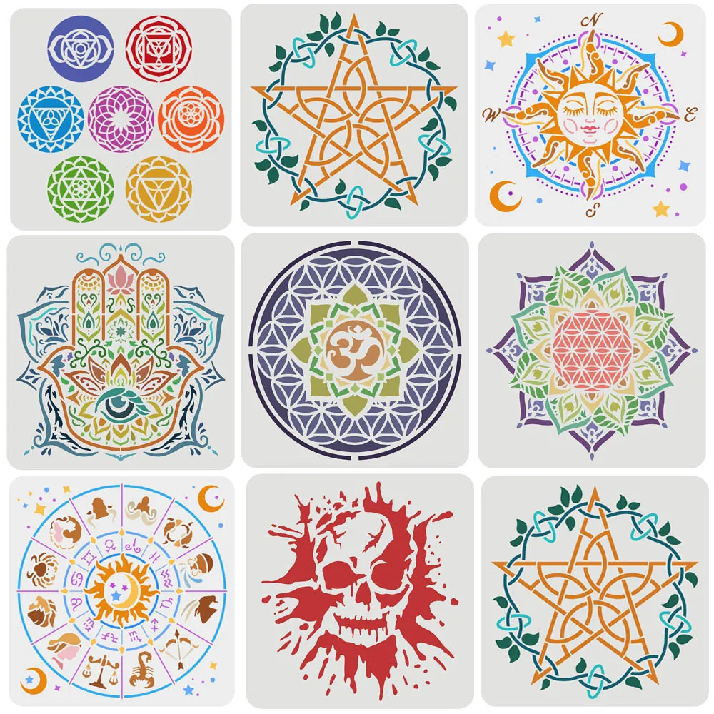 Chakra Symbol Reusable Stencils Yoga Meditation Painting Stencil DIY Art Craft Mandala Template for Wall Canvas Furniture Floor