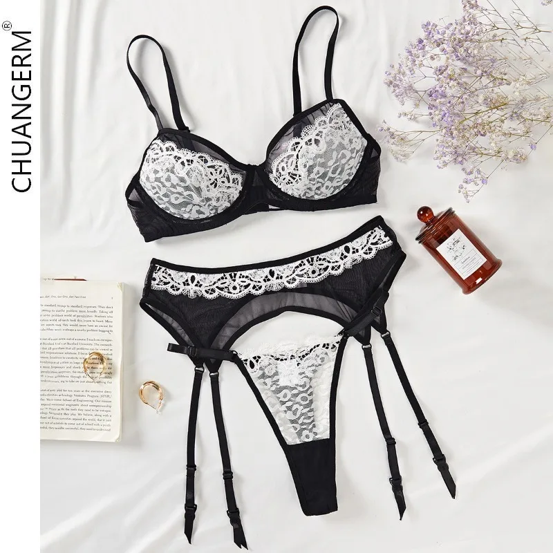 

CHUANGERM Sexy Lace Lingerie Ultra-thin Mesh Floral Embroidery Splicing Erotic Bra Garter Underwear Three-Piece Set Onlyfans Kit