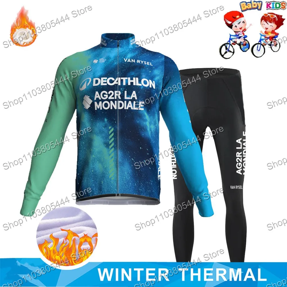 2024 Kids Ag2r Team Cycling Jersey Set Winter Long Sleeve Boys Girl Clothing Children Bike Jacket Bicycle Pant Suit MTB Uniform