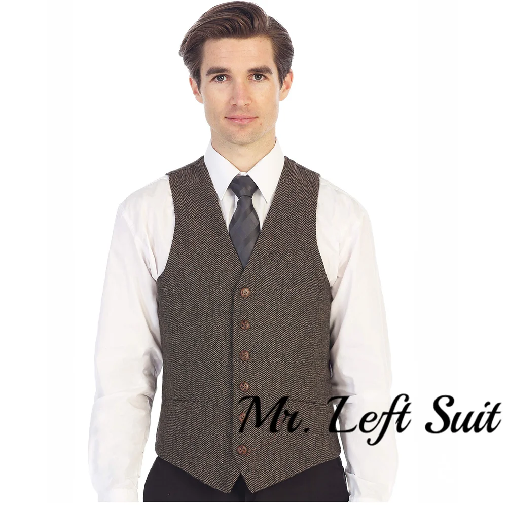 Brown Mens Suit Vest V Neck Wool Herringbone Casual Formal Business Vest Waistcoat Groomman For Wedding