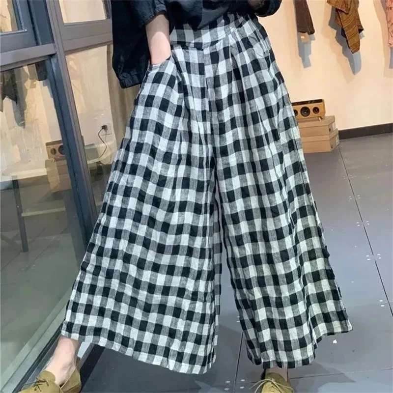 

GELITAYIN Vintage Checked Pants Women Stylish Wide Leg Pant Elegant High Waist Office Trousers Casual Loose Grid Pantalon O