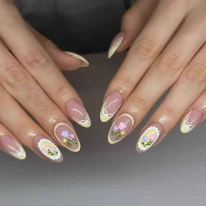 

24pcs False Nail Yellow French Nails Sets Press on Pink Flower Design Almond Fake Nails Wearable Mid-length Oval Full Cover Nail